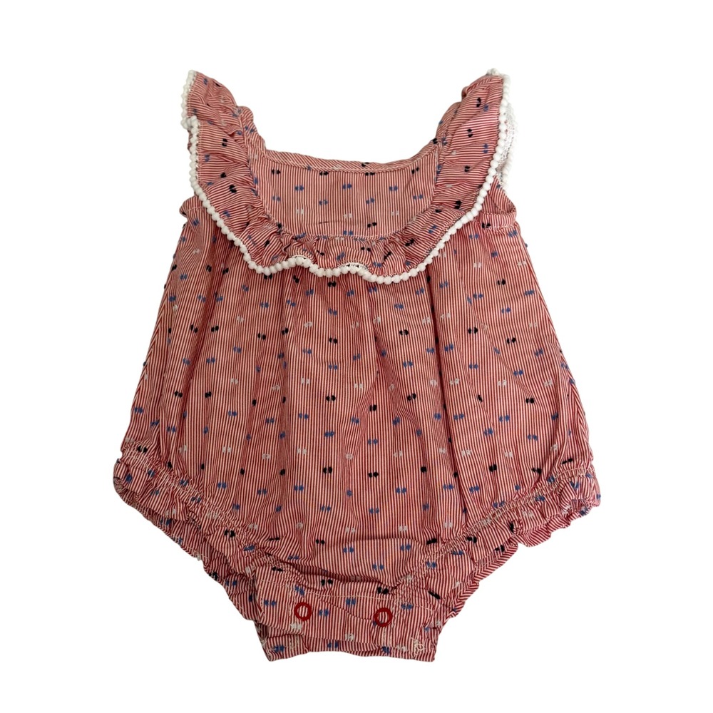 Cat & Jack Baby Girl Newborn Red White Blue Striped Ruffle Pom Pom Bubble Romper